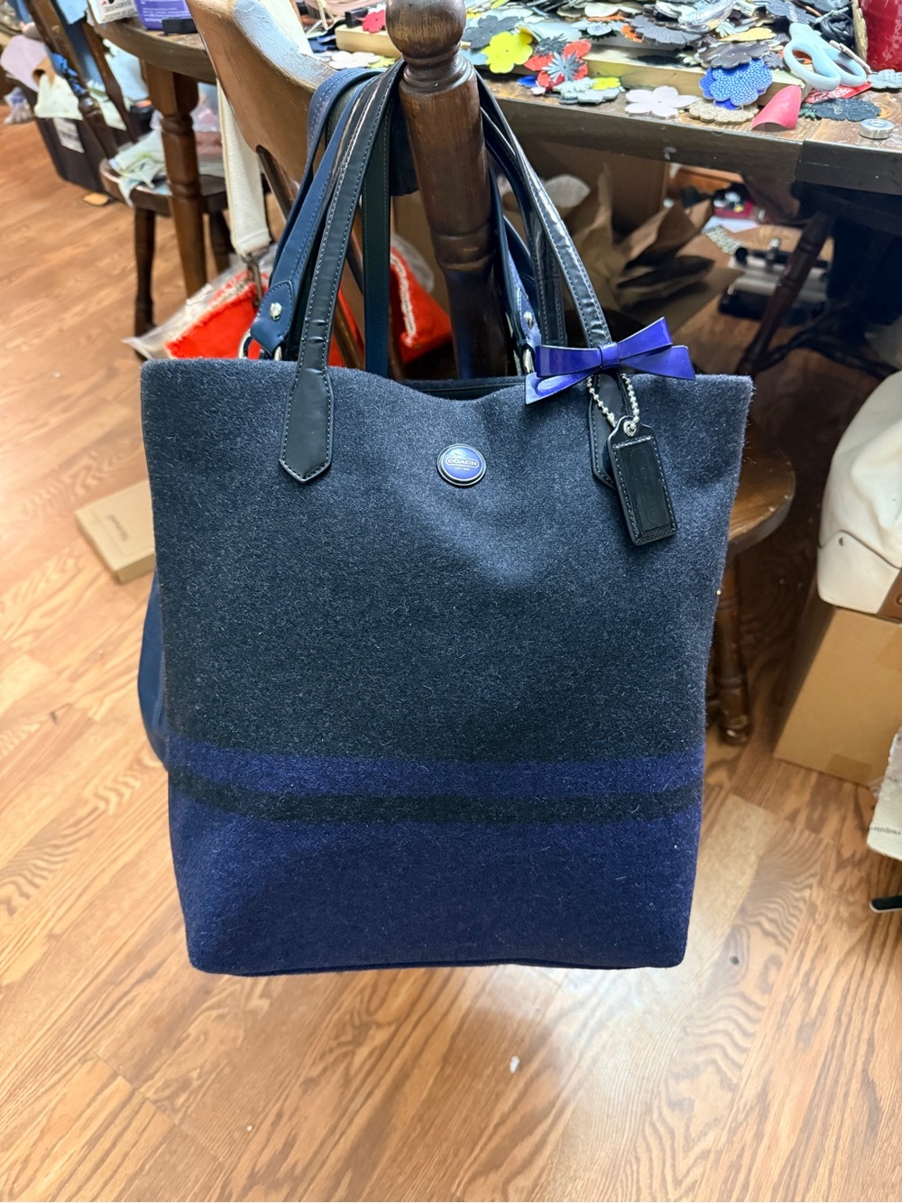 Coach Wool Blend Signature Stripe North South Tote Bag